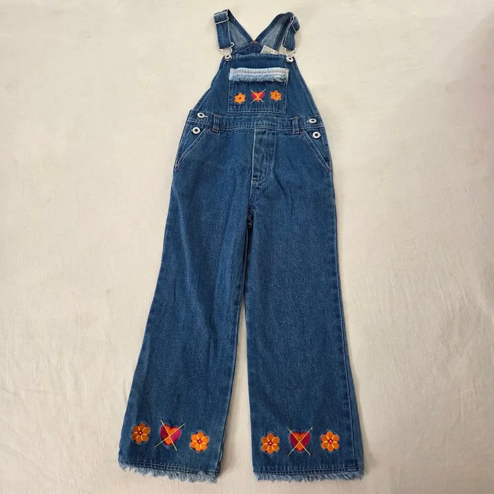 Vintage Hearts + Flowers Denim Overalls 5t - Picture 1 of 6